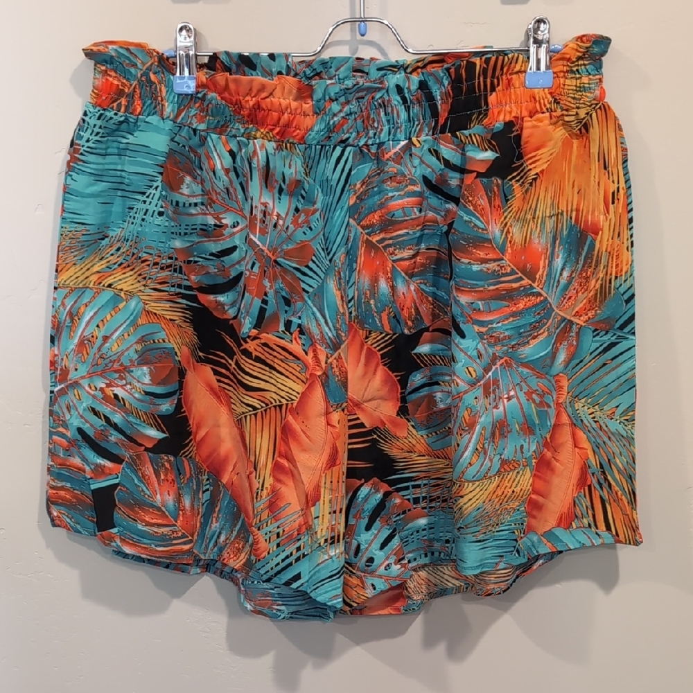SHEIN Curve Orange And Light Blue Tropical Print Pull On Lightweight Beach Short